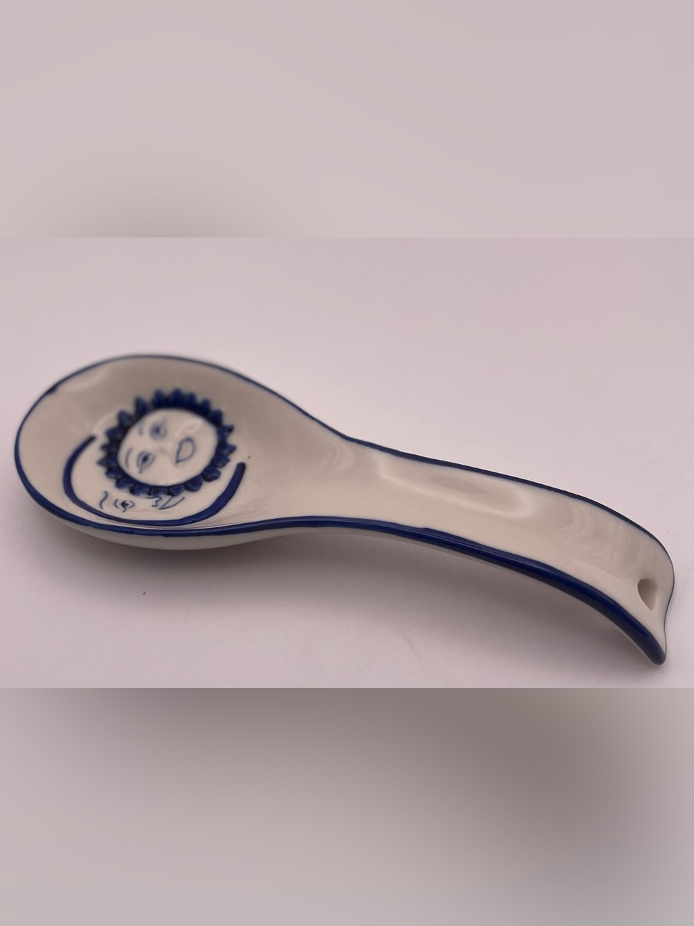 Handmade Blue & White Ceramic Sun and Moon Face Spoon Rest Wall Decor | 8”